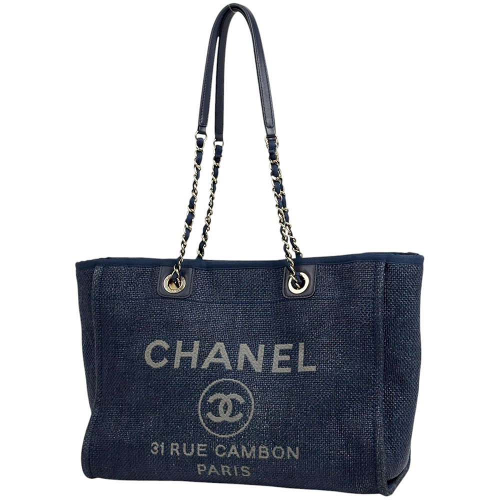 Chanel Deauville Line Chain Tote Bag, Coco Mark, 2-Way Straw Navy, A76001, Wo...
